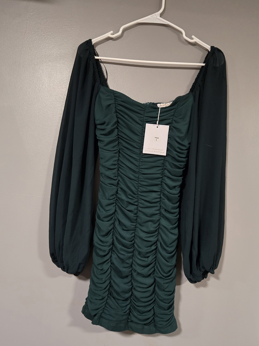 Rumor Ruched Forest Green Mini Dress with Bishop Sleeves